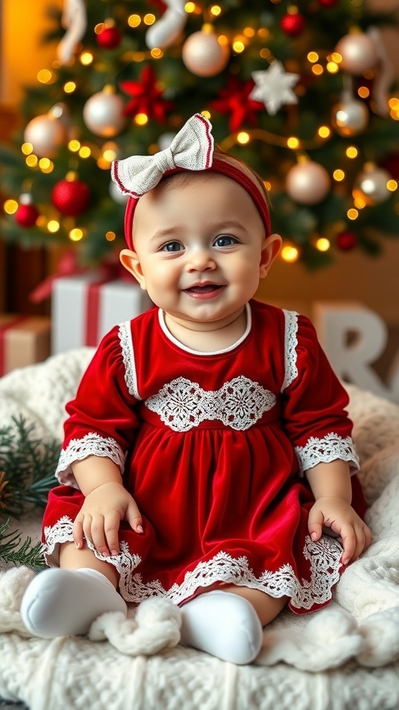 A 3-month-old girl in a red velvet dress with a headband, smiling on a blanket near a Christmas tree.